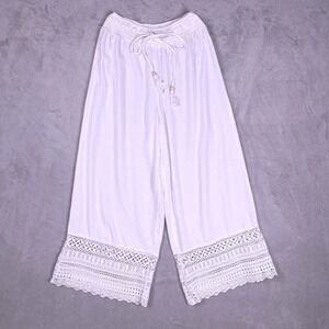 Goa Beachwear by Japna White Crochet Lace Trim Wide Cropped Pants Women's M Boho